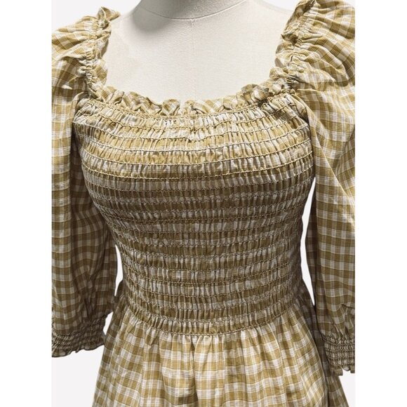 NWT Max Studio Womens Large Smocked Yellow Gold Gingham Puff Sleeve Peplum Top - Picture 3 of 12